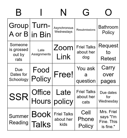 First Day Bingo Card