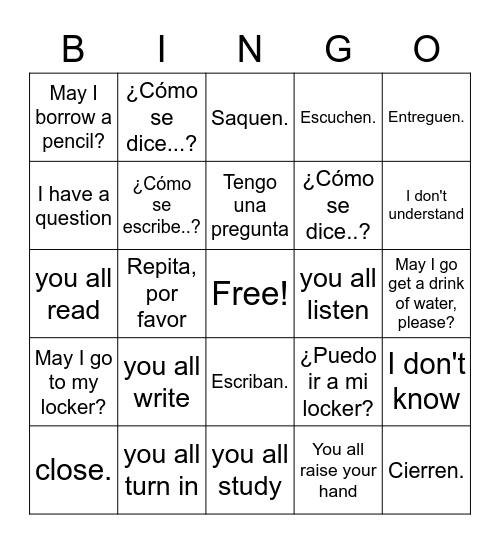 Classroom commands Bingo Card