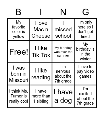 About Me Bingo Card