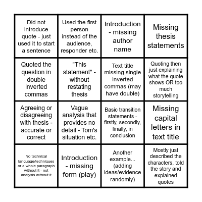 Formative Task Bingo - 'Away' by Michael Gow Bingo Card