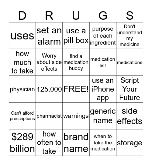 Adherence Bingo Card