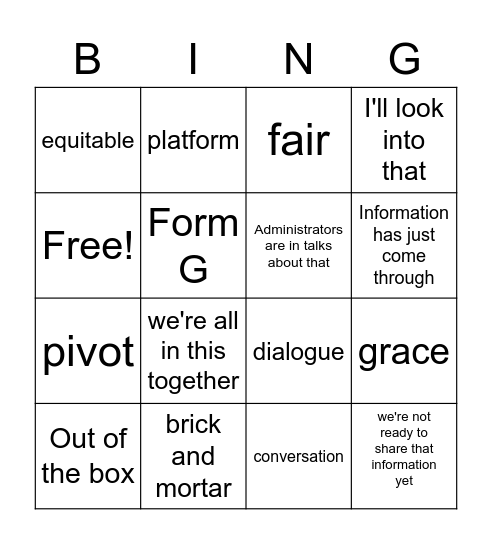 Virtual Teaching 2020 Bingo Card