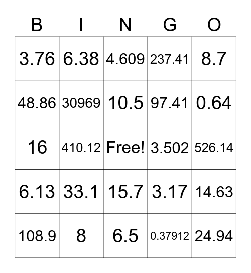 Decimal Operations Bingo Card