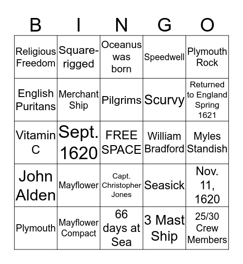 MAYFLOWER BINGO  Bingo Card