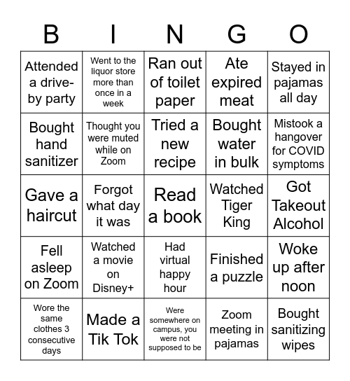 Quartine Bingo Card