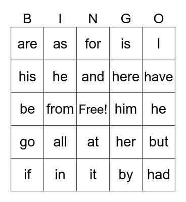 Declan Sight Words Bingo Card