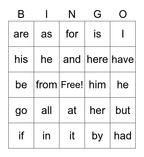 Declan Sight Words Bingo Card