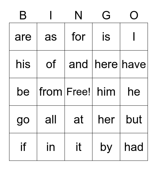 Declan Sight Words Bingo Card