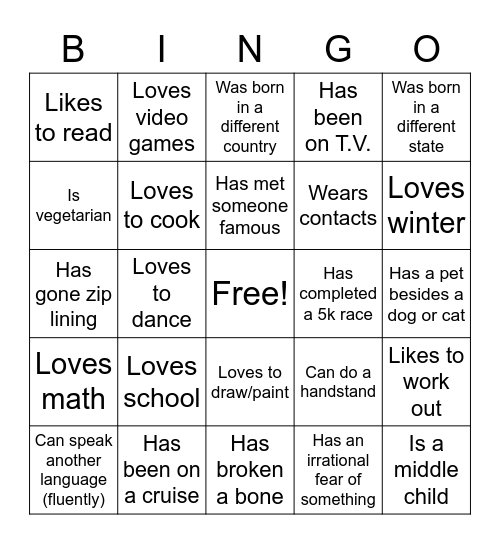 Find A Classmate Who... Bingo Card