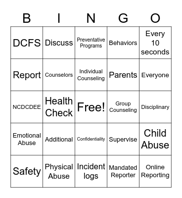 Child Abuse Bingo Card