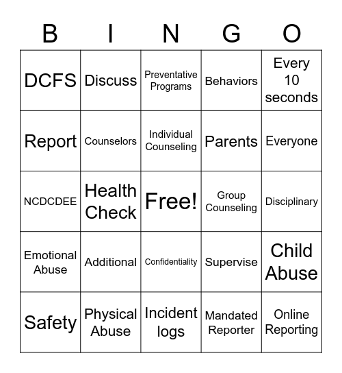 Child Abuse Bingo Card