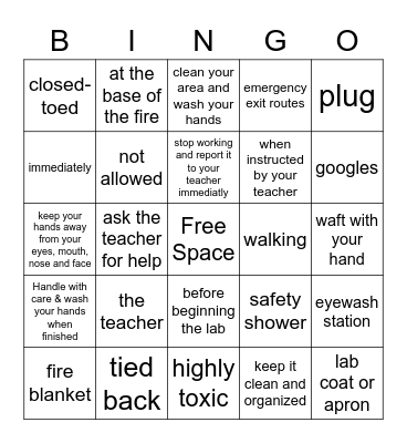 Lab Safety BINGO Card