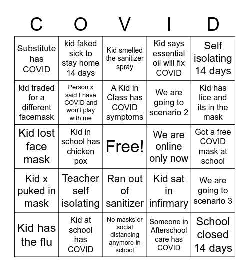 School year COVID BINGO Card