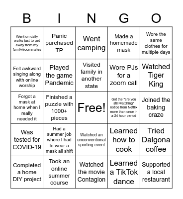 "Summer" 2020 Pandemic Bingo Card