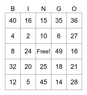 Multiplication Bingo Card