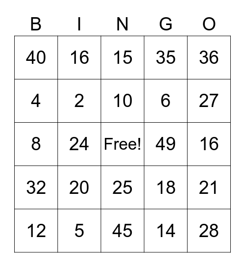 Multiplication Bingo Card