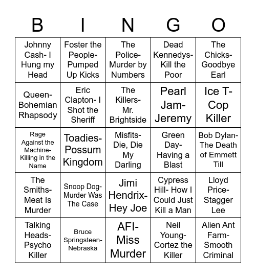 Total-Quiz.com Presents Radio Bingo: Songs That Murder Bingo Card