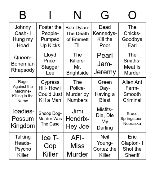 Total-Quiz.com Presents Radio Bingo: Songs That Murder Bingo Card