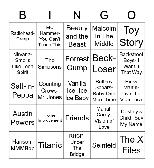 Total-Quiz.com Presents Radio Bingo: Remember the 90's Bingo Card