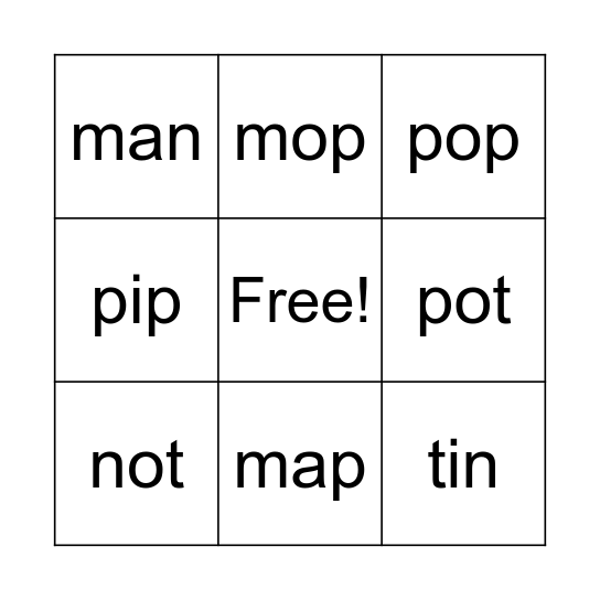CVC Bingo - s, a, t, i, m, n, o, p Bingo Card