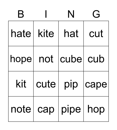 Magic 'e' Bingo Card