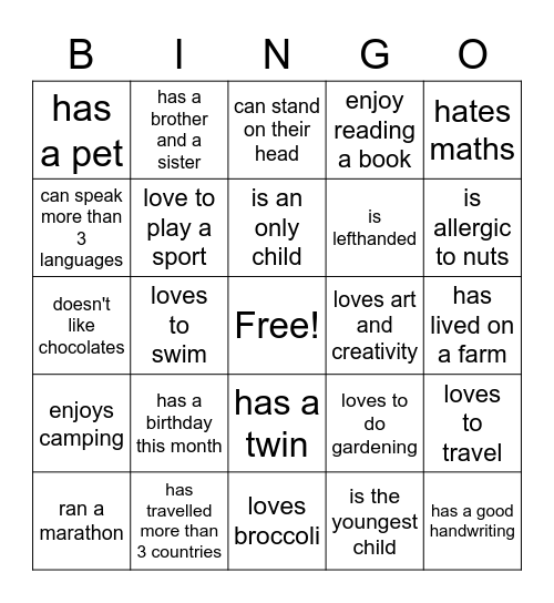 Getting to know you Bingo Card