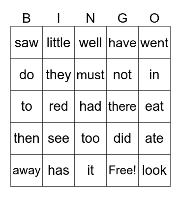 sight words Bingo Card