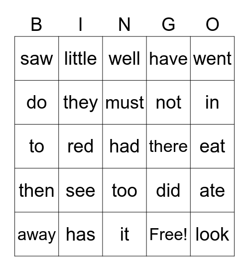 sight words Bingo Card