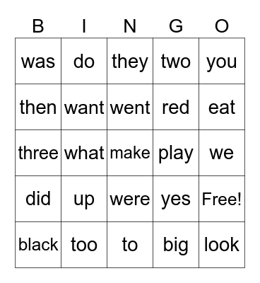 sight words Bingo Card