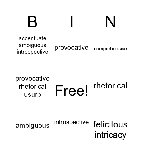 Vocabulary Lesson 1 Bingo Card