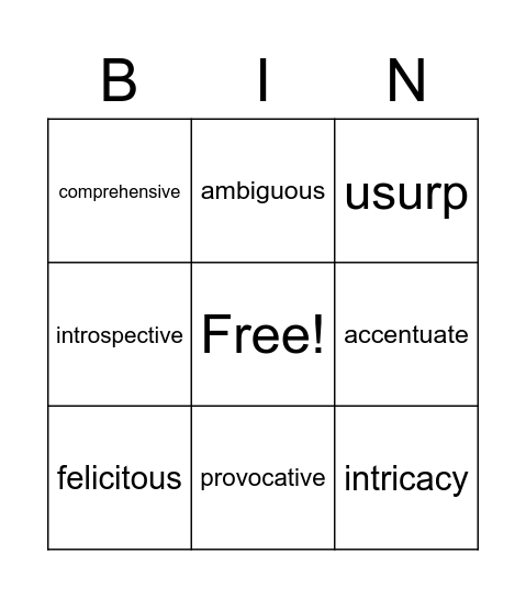 Vocabulary Lesson 1 Bingo Card