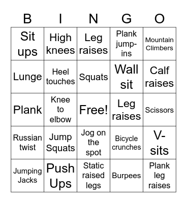 Fitness Bingo Card
