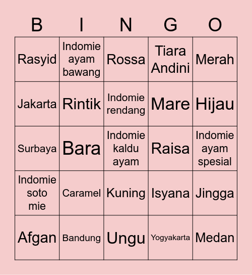 Caramel's Bingo Card