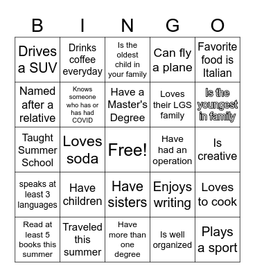 Getting To Know You Bingo Card