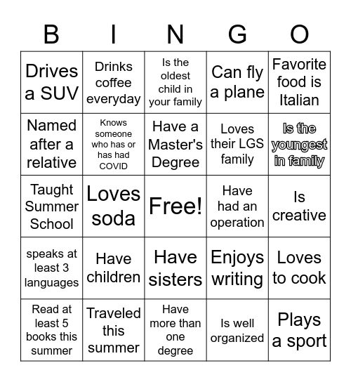 Getting To Know You Bingo Card