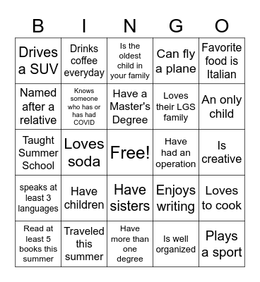 Getting To Know You Bingo Card