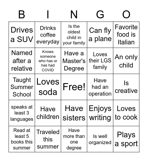 Getting To Know You Bingo Card