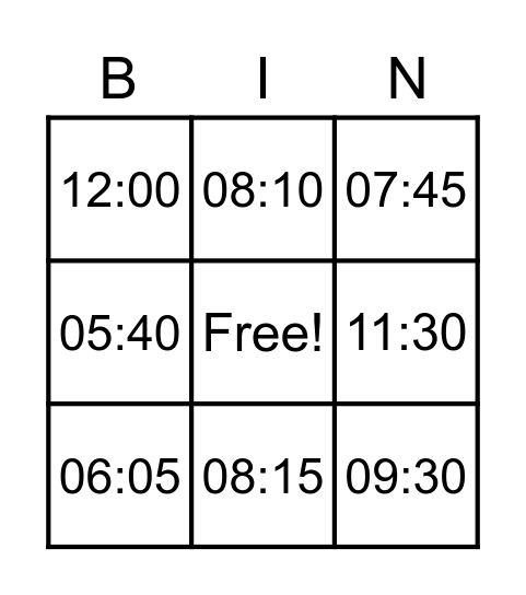 Telling the time Bingo Card