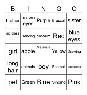 Get to Know me! Bingo Card