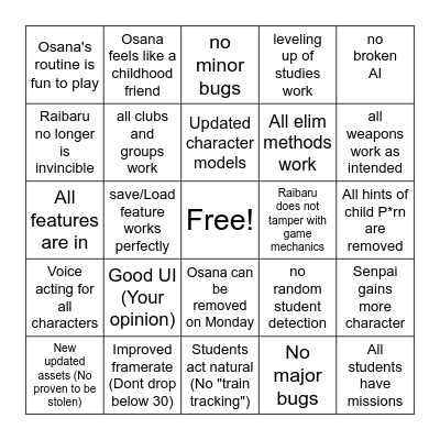 YanSim (Osana Release): Positives Bingo Card
