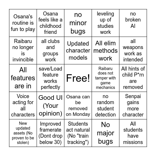 YanSim (Osana Release): Positives Bingo Card