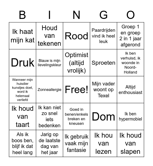 Eigenschappen Bingo Card