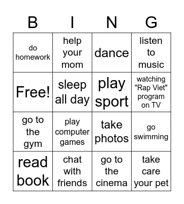 Freetime Activities Bingo Card