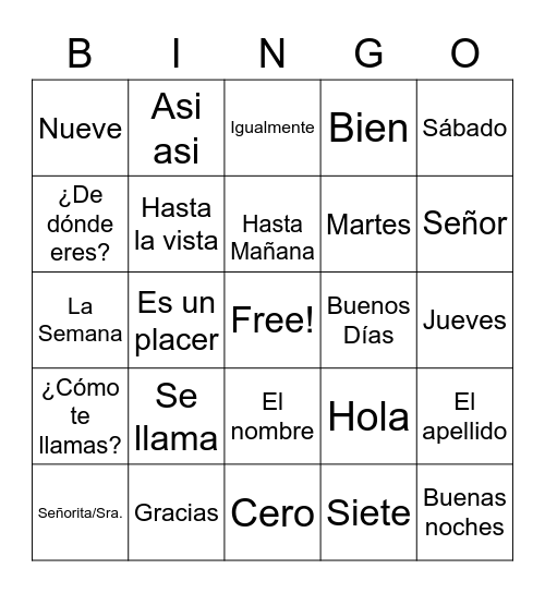 Preliminar Vocab Bingo Card