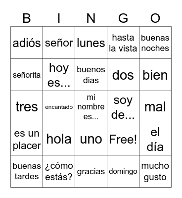Beginner Spanish Vocab Bingo Card
