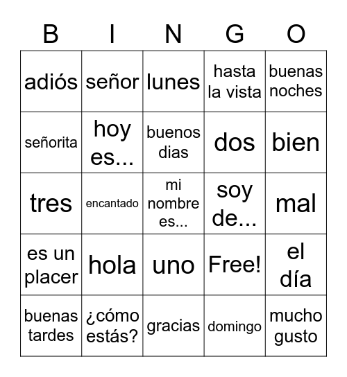 Beginner Spanish Vocab Bingo Card