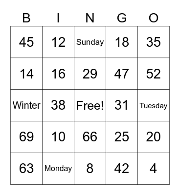 Les nombres, mois, saisons, jours Bingo Card
