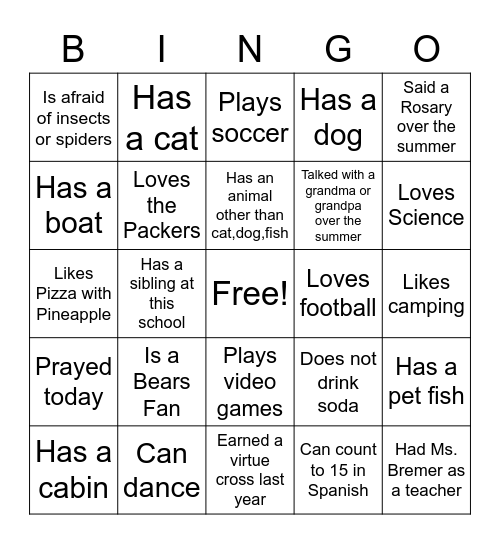 Get to know the class Bingo Card