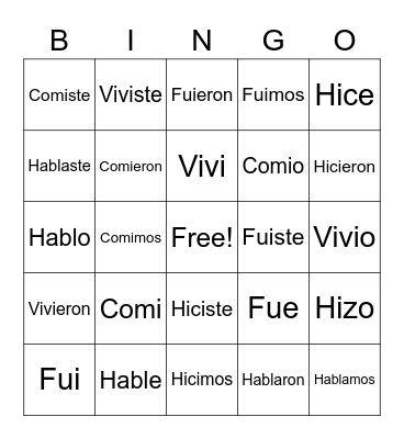 Preterite Party Time Bingo Card