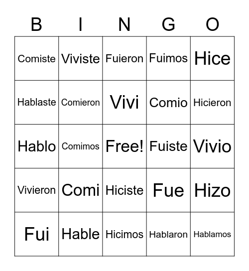 Preterite Party Time Bingo Card